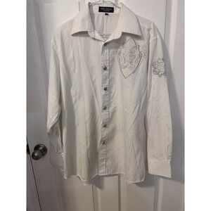 Eddie Domani Mens M White Rhinestone Embroidered Crest Long Sleeve Button Shirt